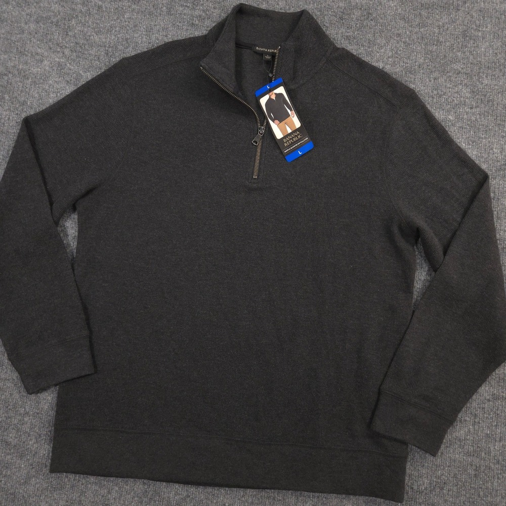 Banana Republic Waffle 1/4 Zip Pullover Sweater Mens L Black Heather Knit NEW